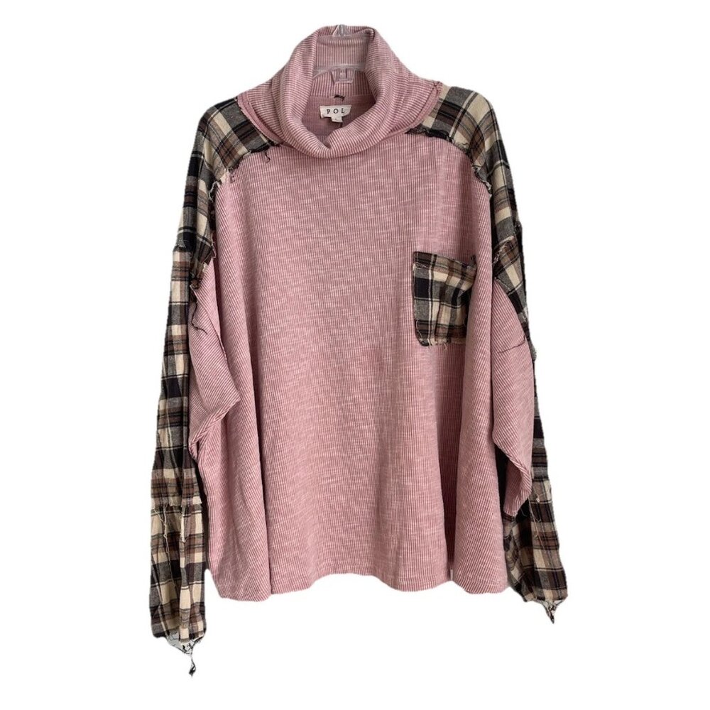 POL Pink Plaid Patchwork Turtleneck Tunic Boutique Boho Oversized